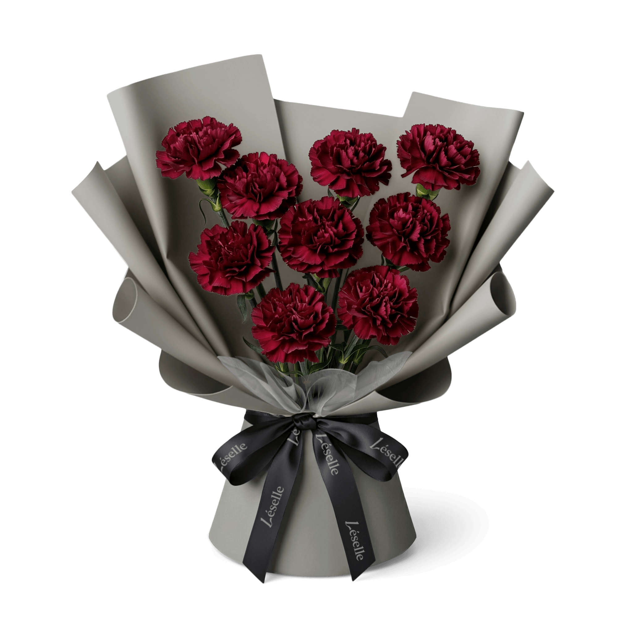 Bouquet of burgundy carnations wrapped in grey paper with a black ribbon on a transparent background