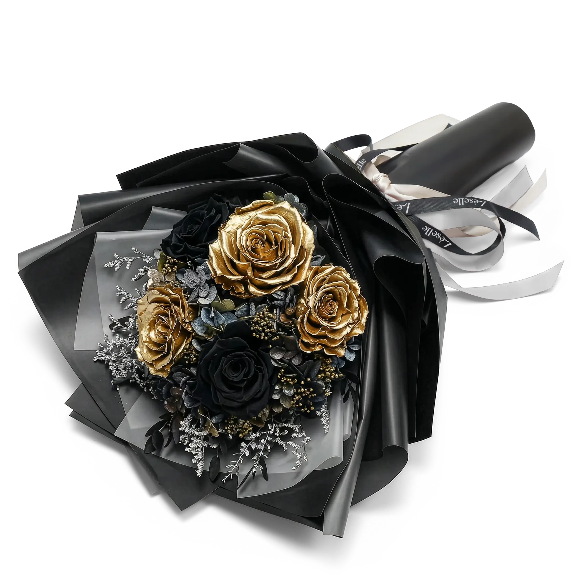 Preserved Flower Bouquet - Classic Black & Gold Roses