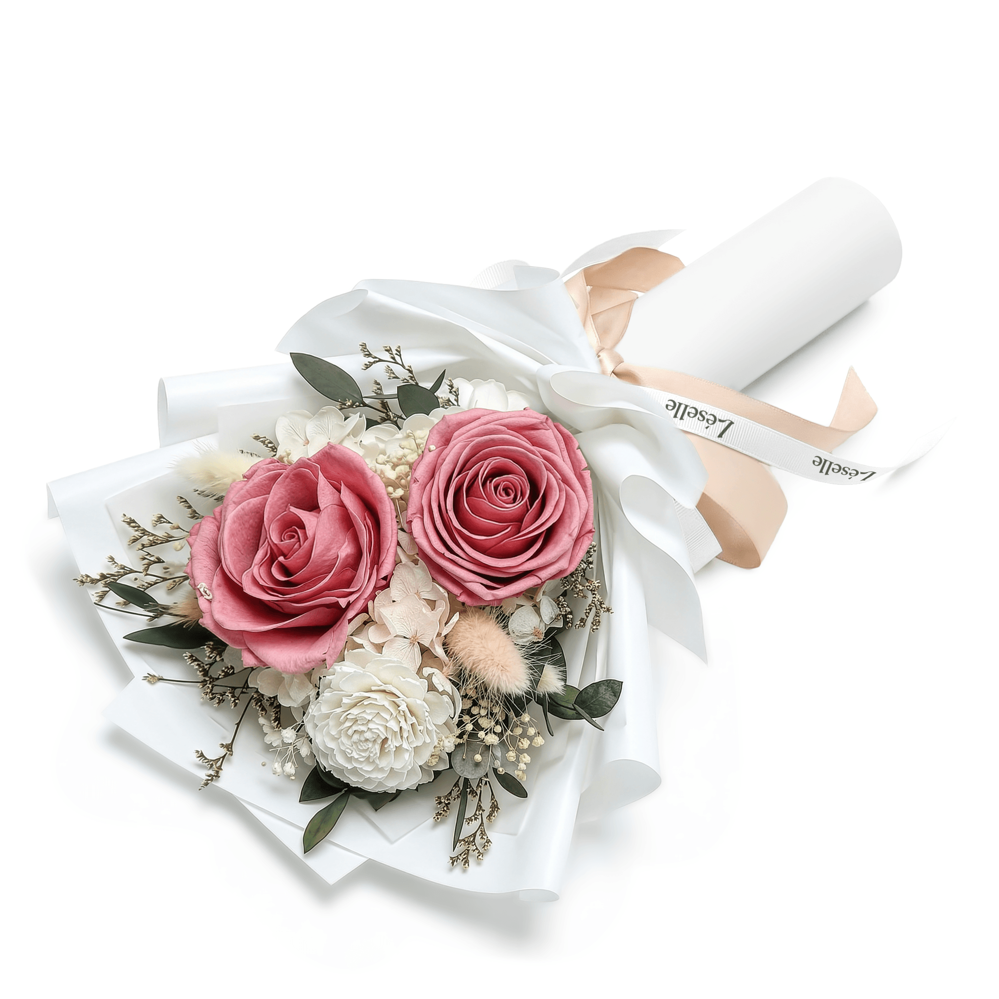 Mini Preserved Rose Bouquet - Light Maroon & White