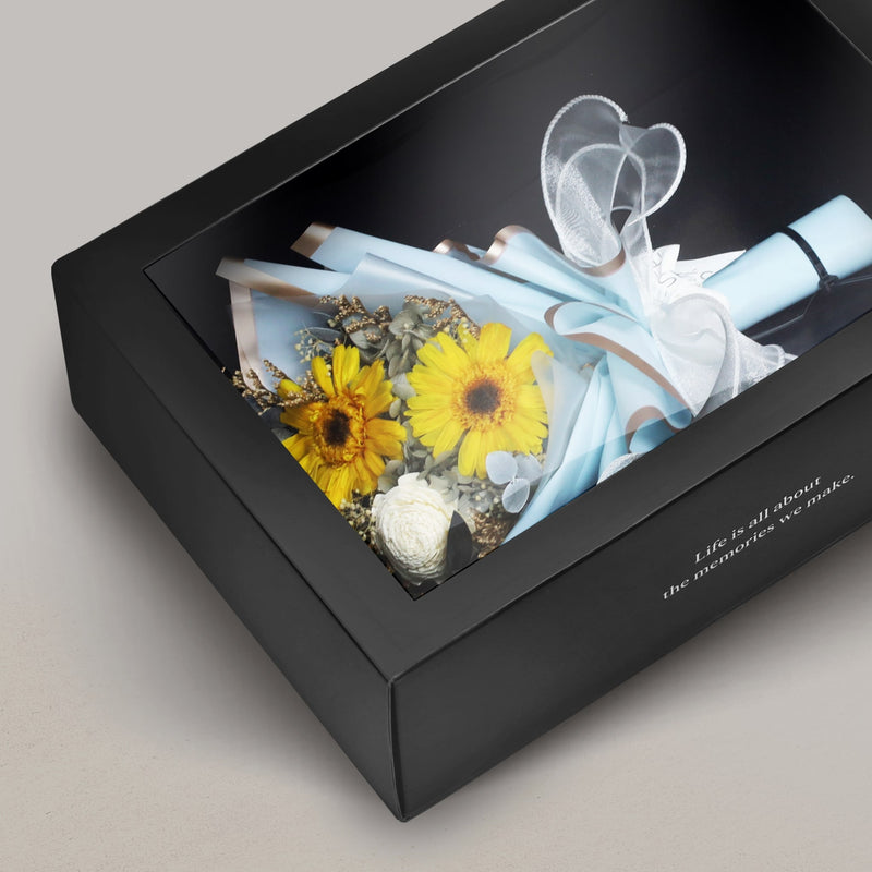 Mini Preserved Sunflower Bouquet - Bright Yellow & White (Blue Wrapper)