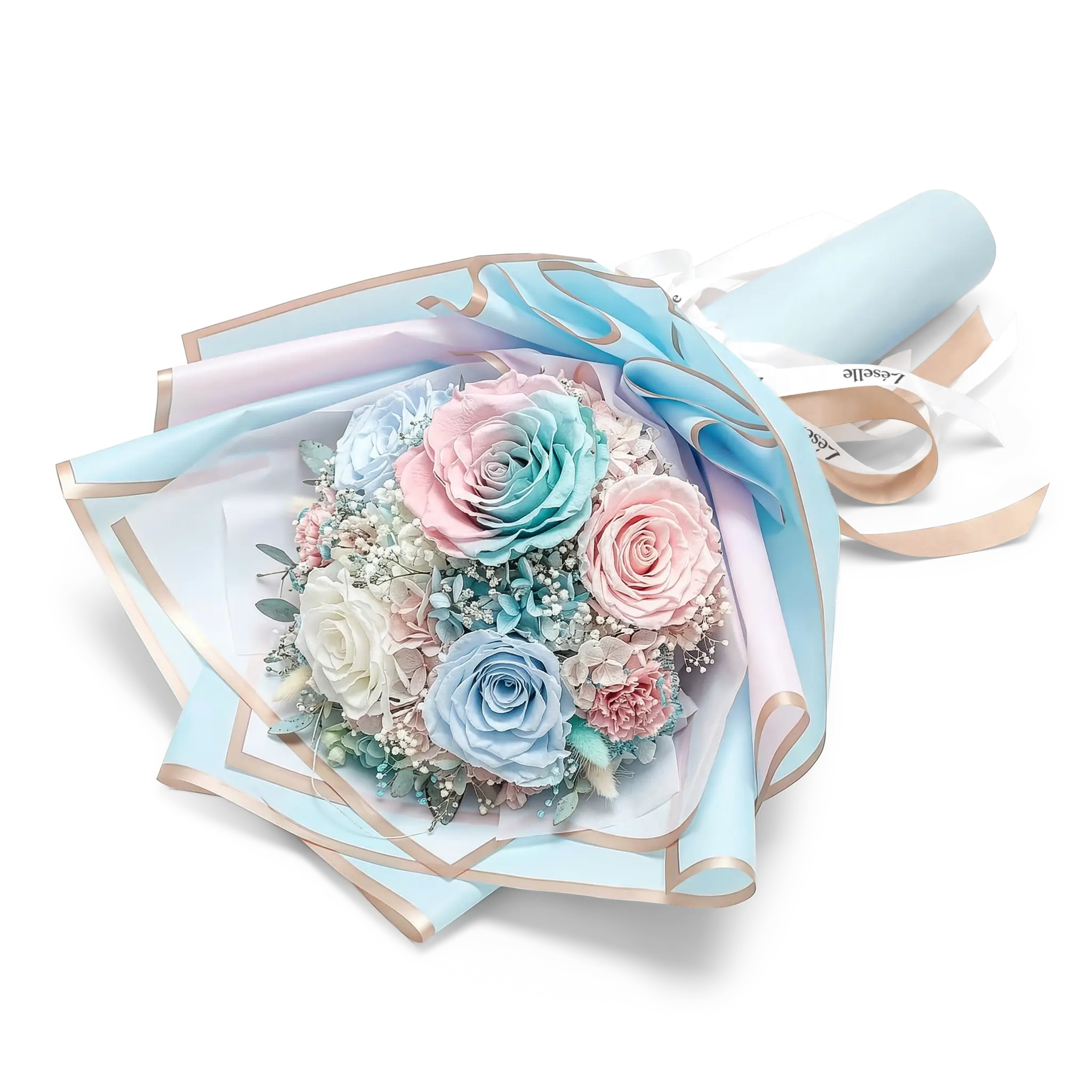 Preserved Flower Bouquet - Pale Pink & Baby Blue Roses
