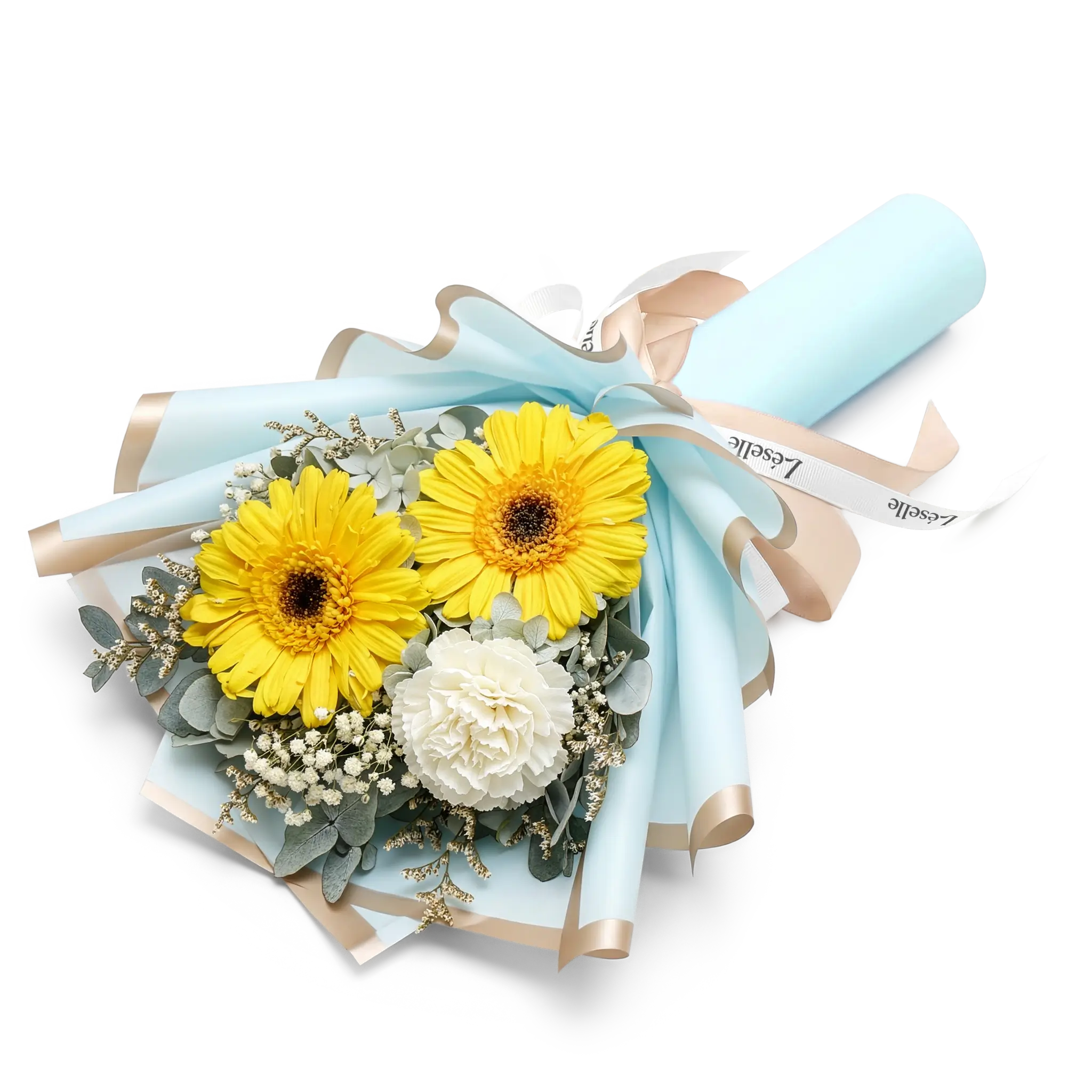 Sunlit Azure Yellow Duo Preserved Gerbera Bouquet
