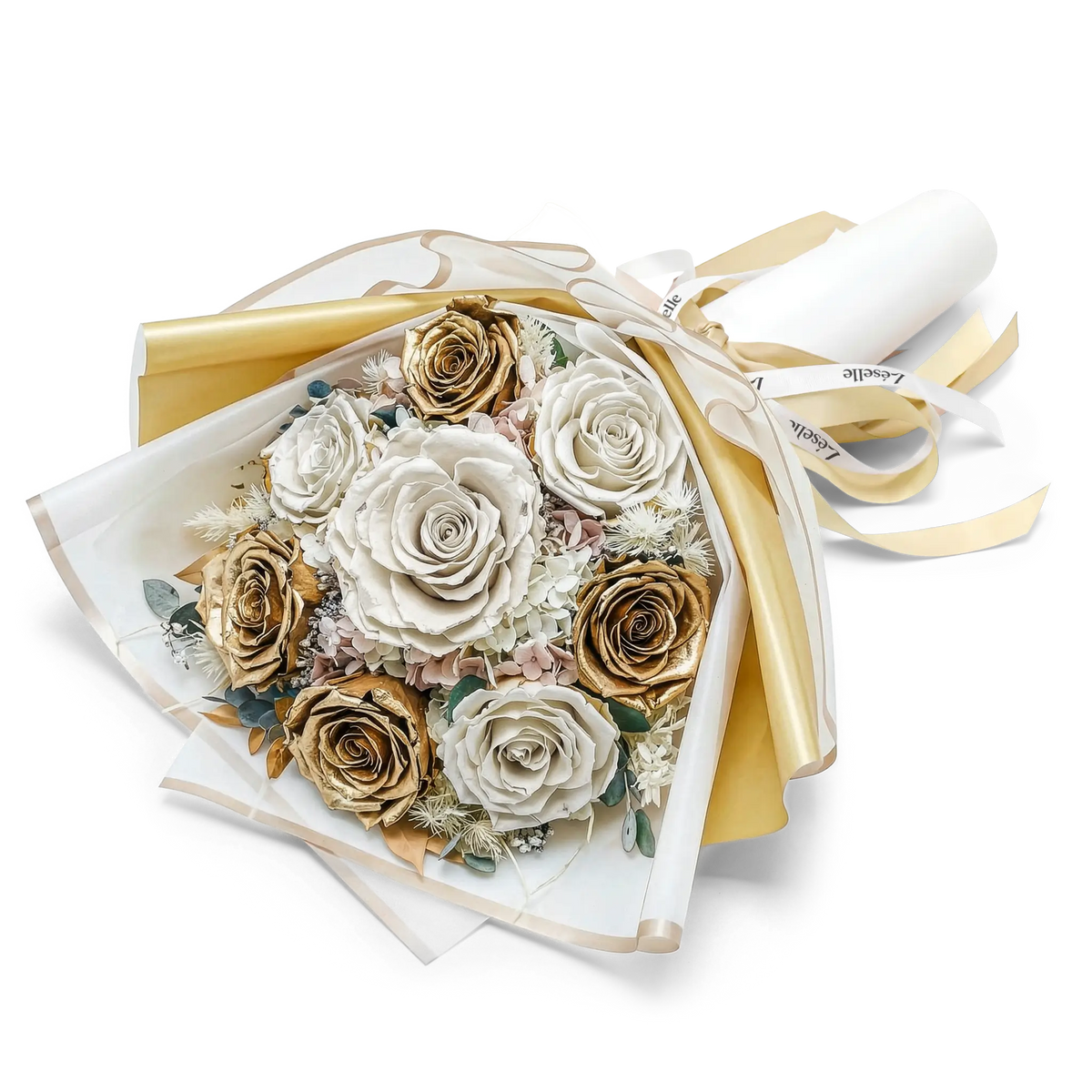 White Gold Roses Elegant White & Gold Preserved Rose Bouquet | Léselle Florist HK