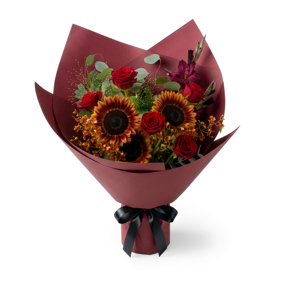 A fresh flower bouquet wrapped in burgundy paper with a black ribbon, featuring burgundy sunflowers, red roses, and small flowers, set against a transparent background.