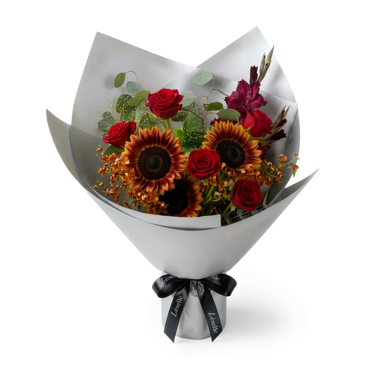 Amber Twilight Vintage Sunflower & Red Rose Bouquet