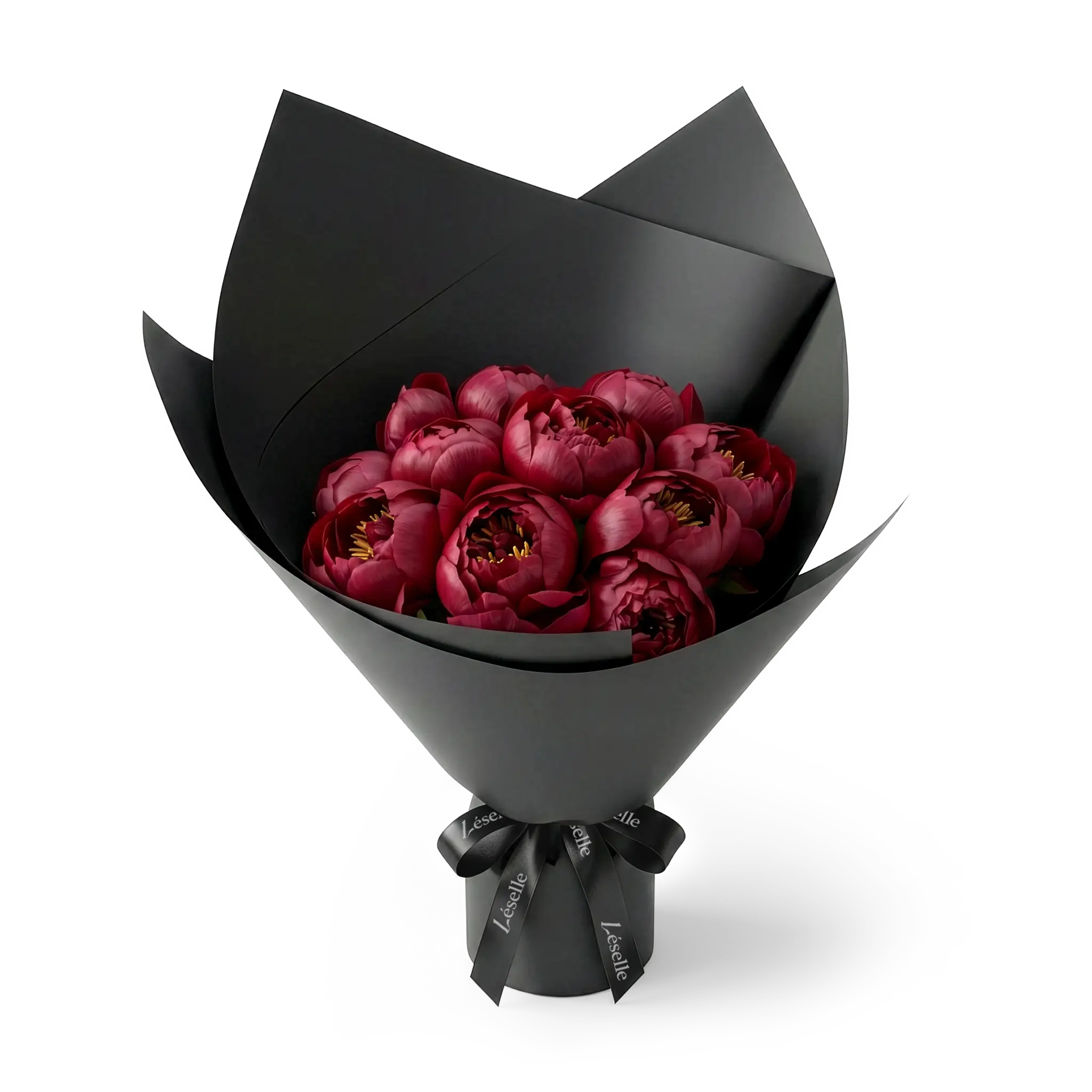 Bouquet of burgundy peonies wrapped in black paper with a black ribbon on a transparent background