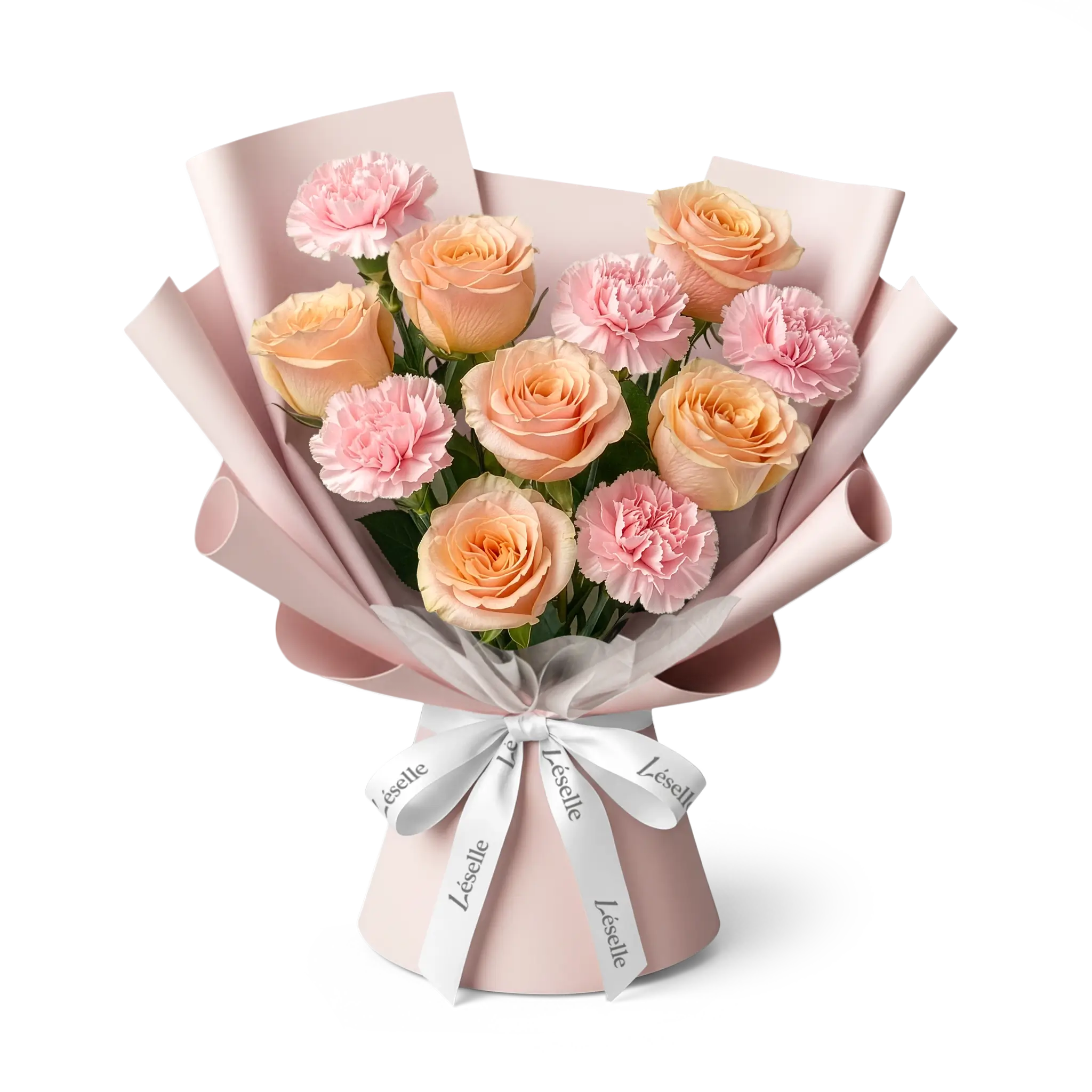 Bouquet of champagne roses and blush carnations wrapped in ballet slipper pink paper with a white ribbon on a transparent background