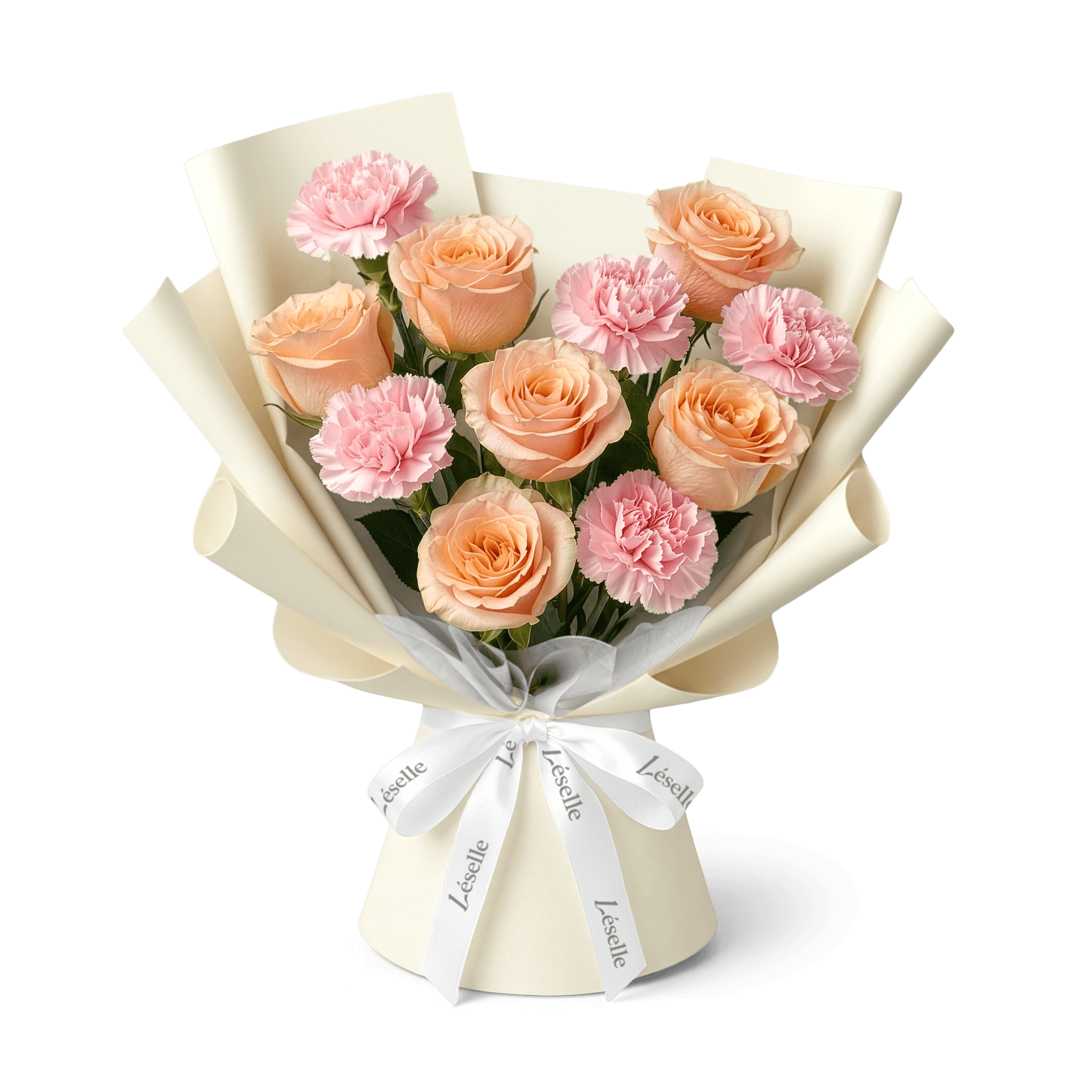 Bouquet of champagne roses and blush carnations wrapped in off white paper with a white ribbon on a transparent background