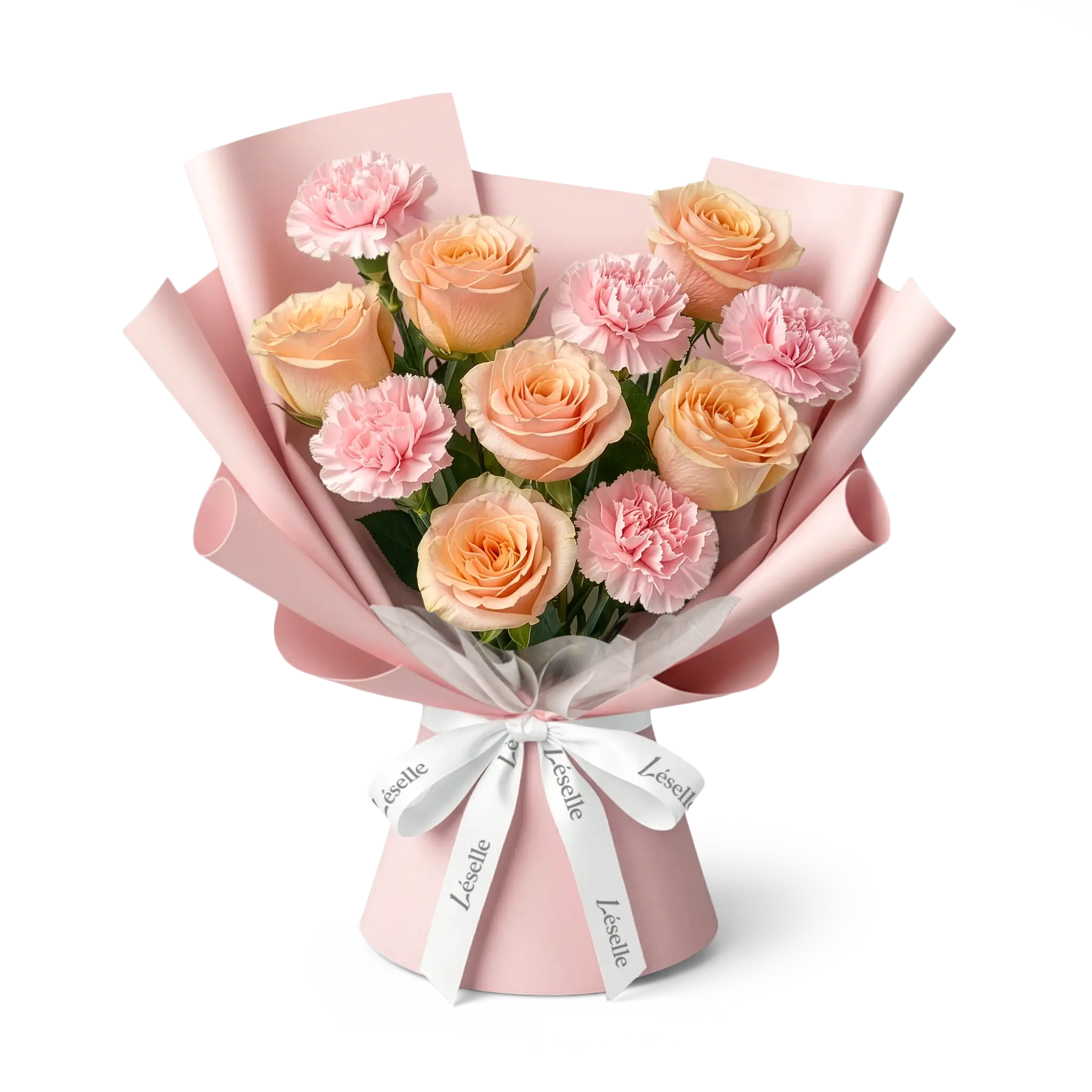 Bouquet of champagne roses and blush carnations wrapped in silky rose paper with a white ribbon on a transparent background