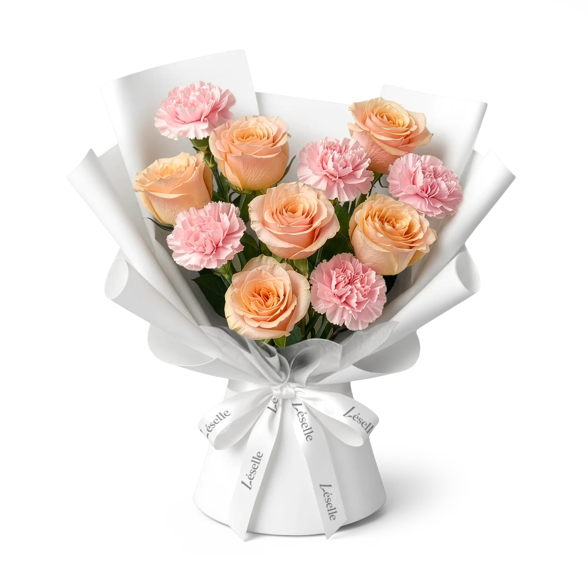 Bouquet of champagne roses and blush carnations wrapped in white paper with a white ribbon on a transparent background