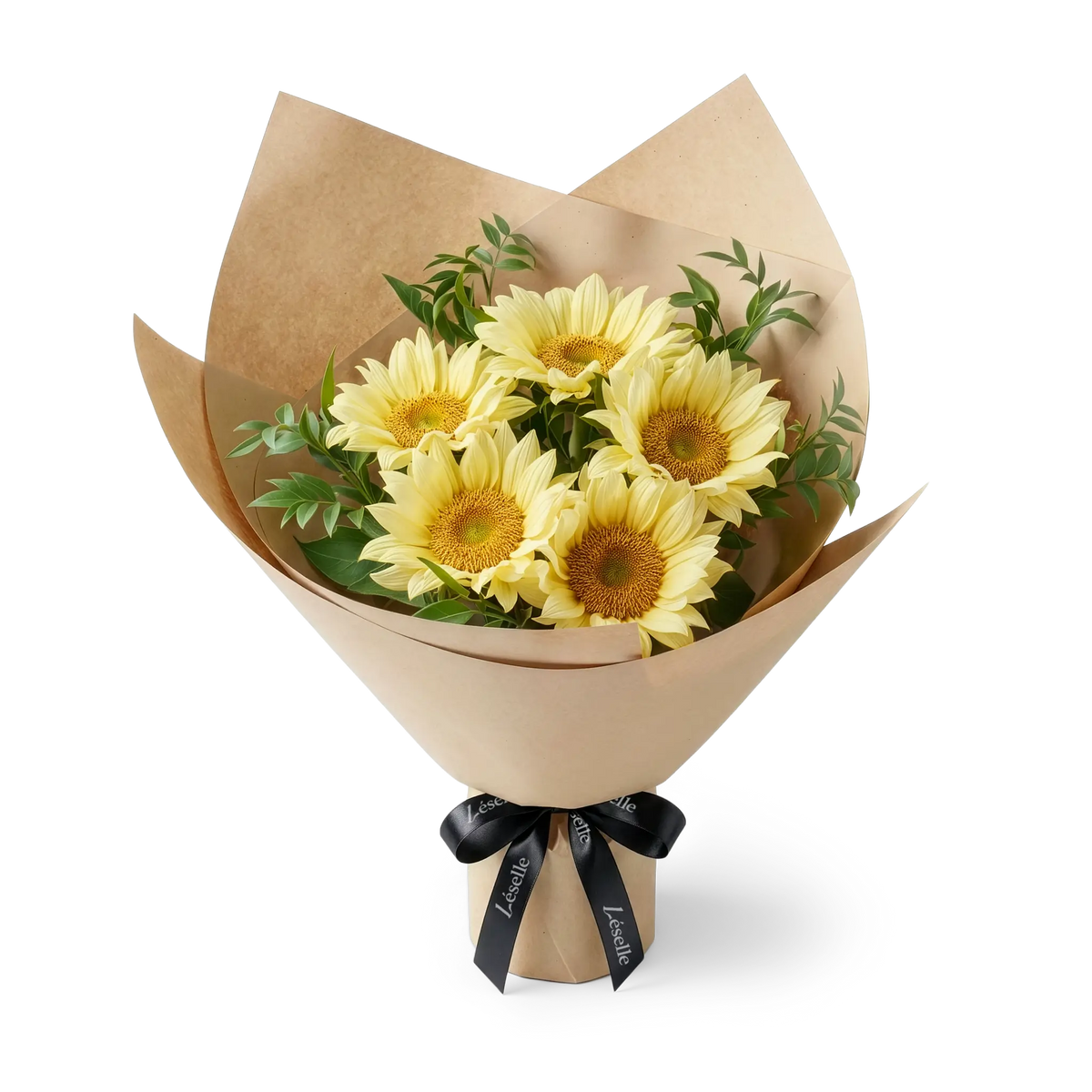Bouquet of cream-colored sunflowers wrapped in camel paper with a black ribbon on a transparent background