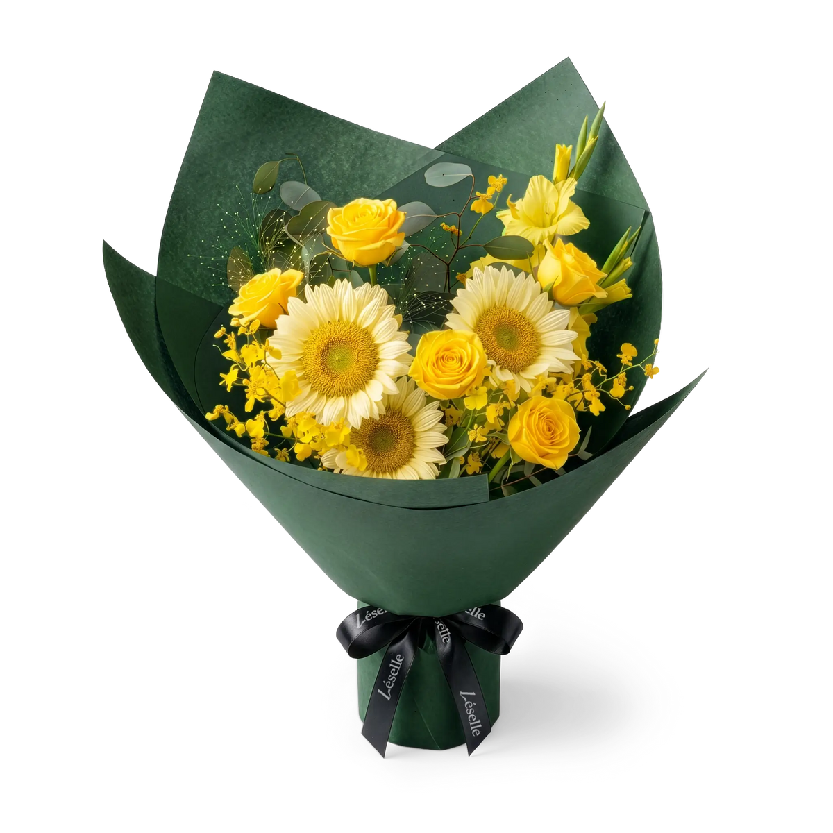 A fresh flower bouquet wrapped in dark green paper with a black ribbon, featuring cream-color sunflowers, yellow roses, and small yellow flowers, set against a transparent background.