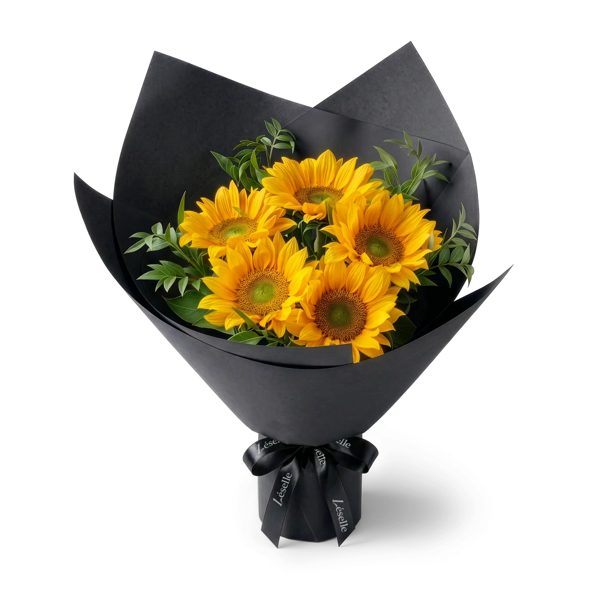 Bouquet of green-heart sunflowers wrapped in black paper with a black ribbon on a transparent background