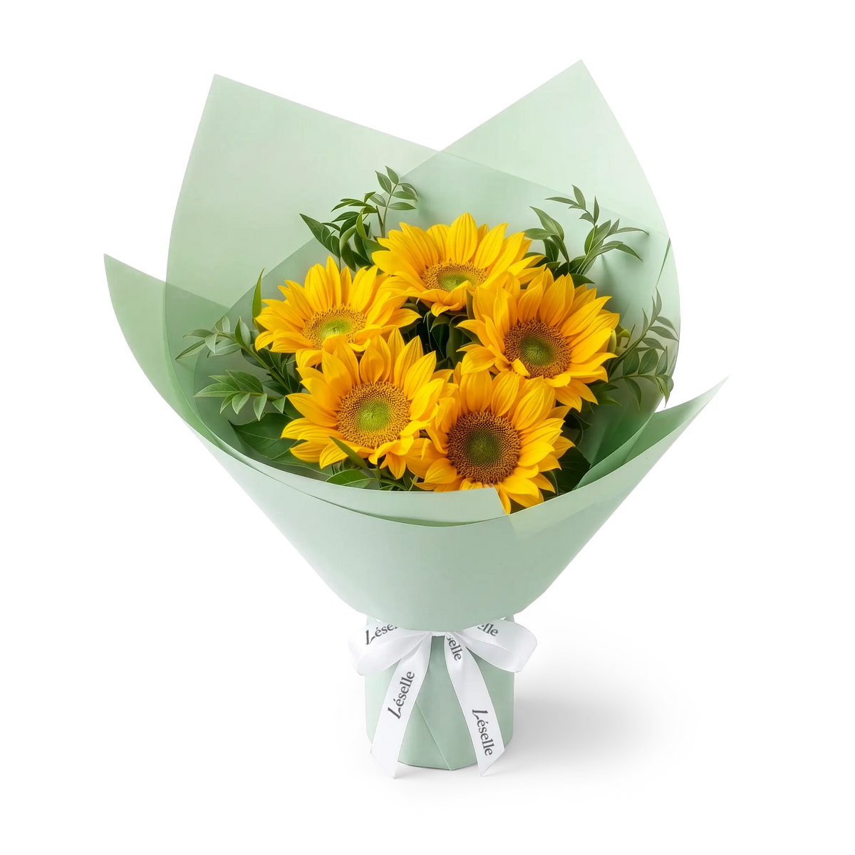 Bouquet of green-heart sunflowers wrapped in pale green paper with a white ribbon on a transparent background