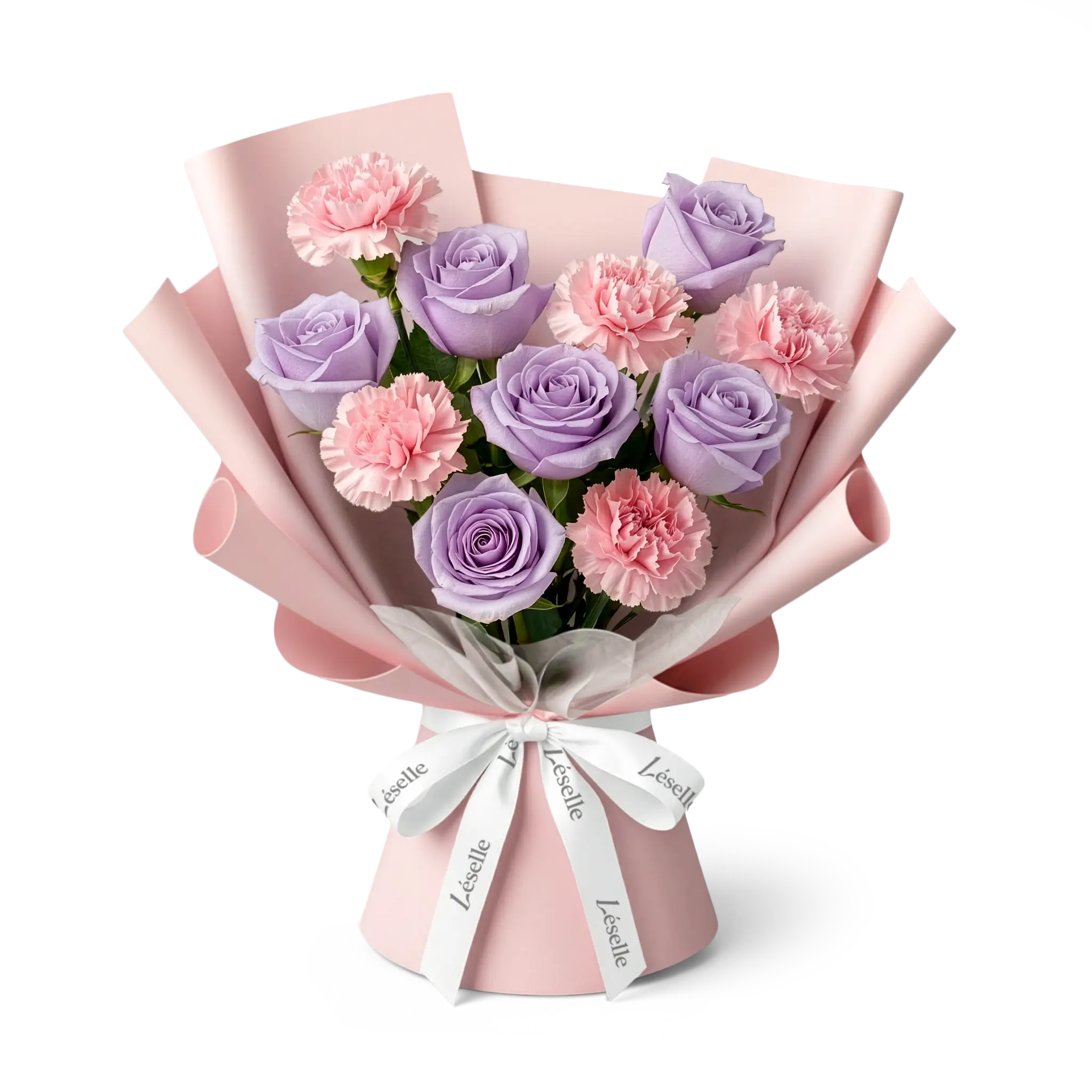 Bouquet of lavender roses and blush carnations wrapped in silky rose paper with a white ribbon on a transparent background