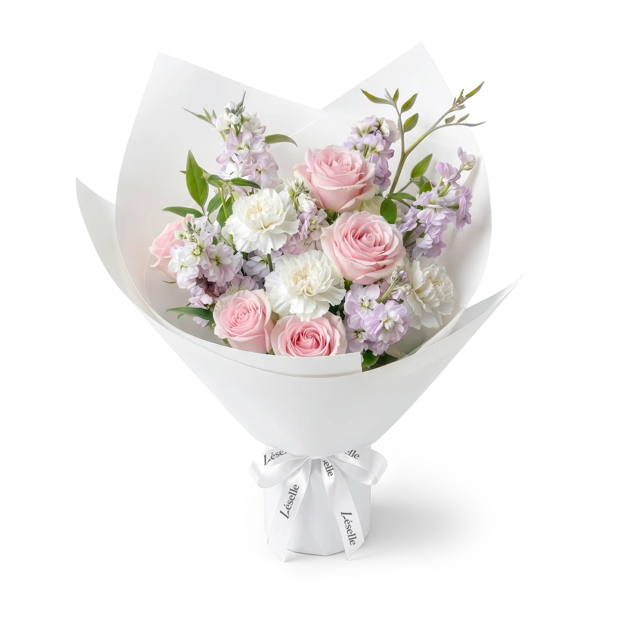 A fresh flower bouquet wrapped in white paper with a white ribbon, featuring pink roses, white carnations, lavender stocks, and green foliage, set against a transparent background.
