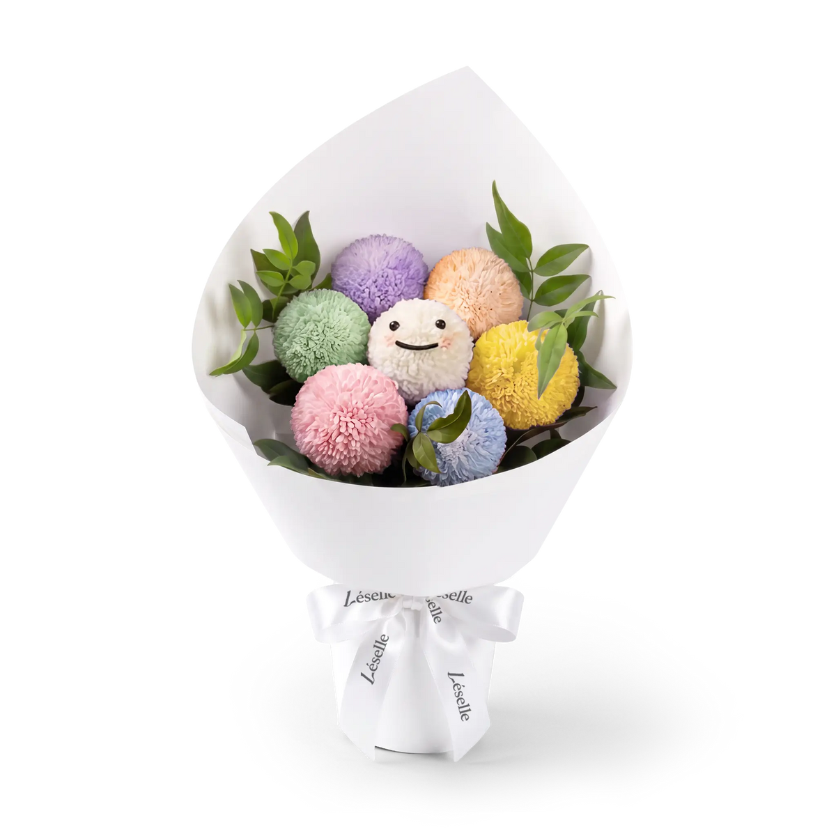 Bouquet of ping pong chrysanthemums with different colors wrapped in white paper with a white ribbon on a transparent background