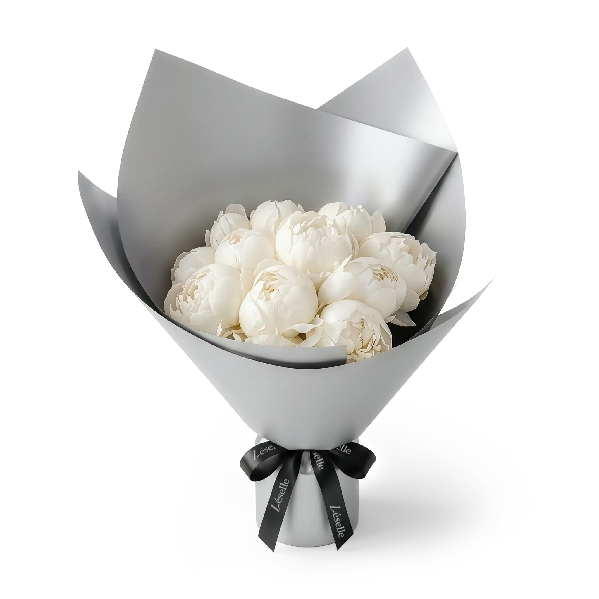 Bouquet of white peonies wrapped in silver paper with a black ribbon on a transparent background