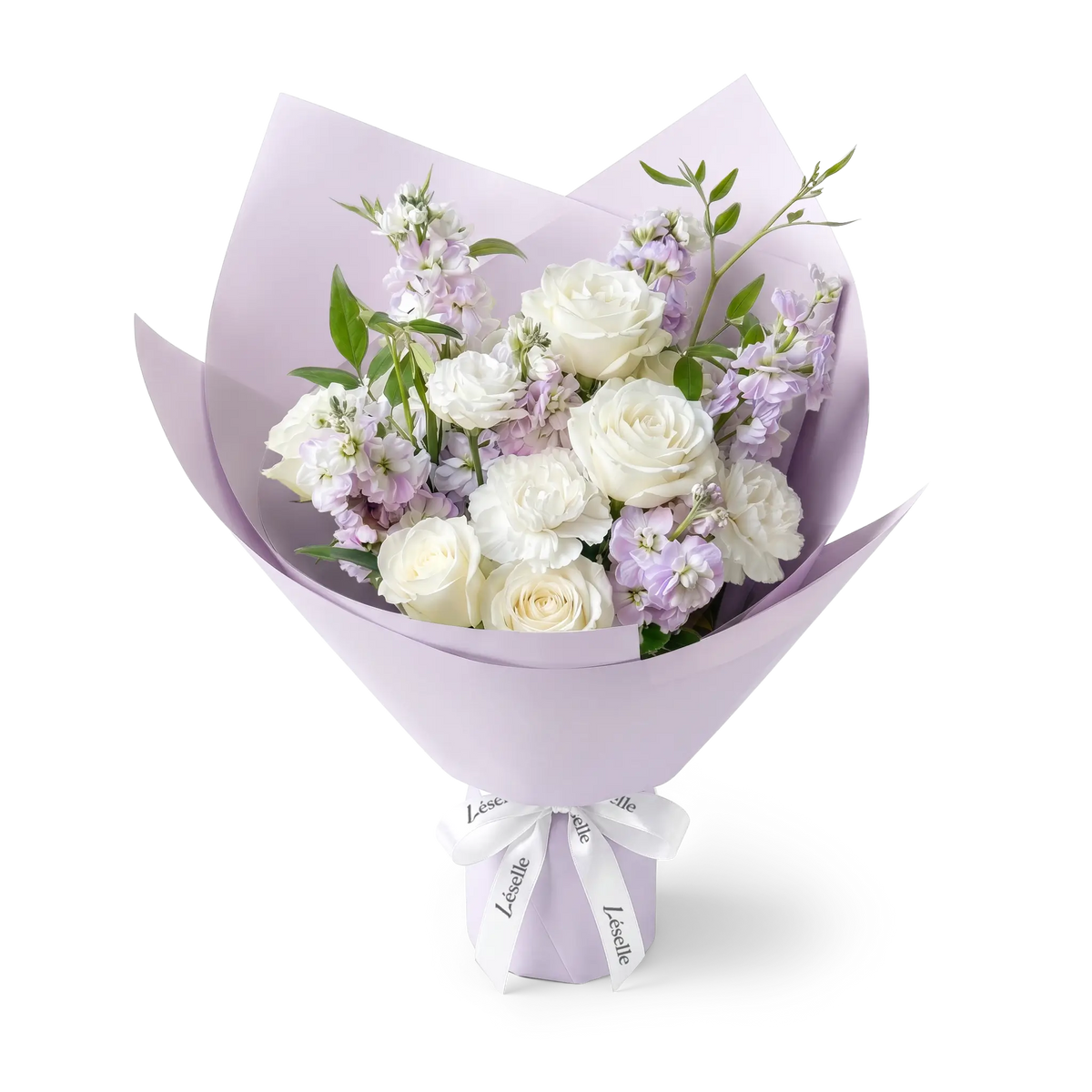 Serene White Rose & Lilac Stock Bouquet