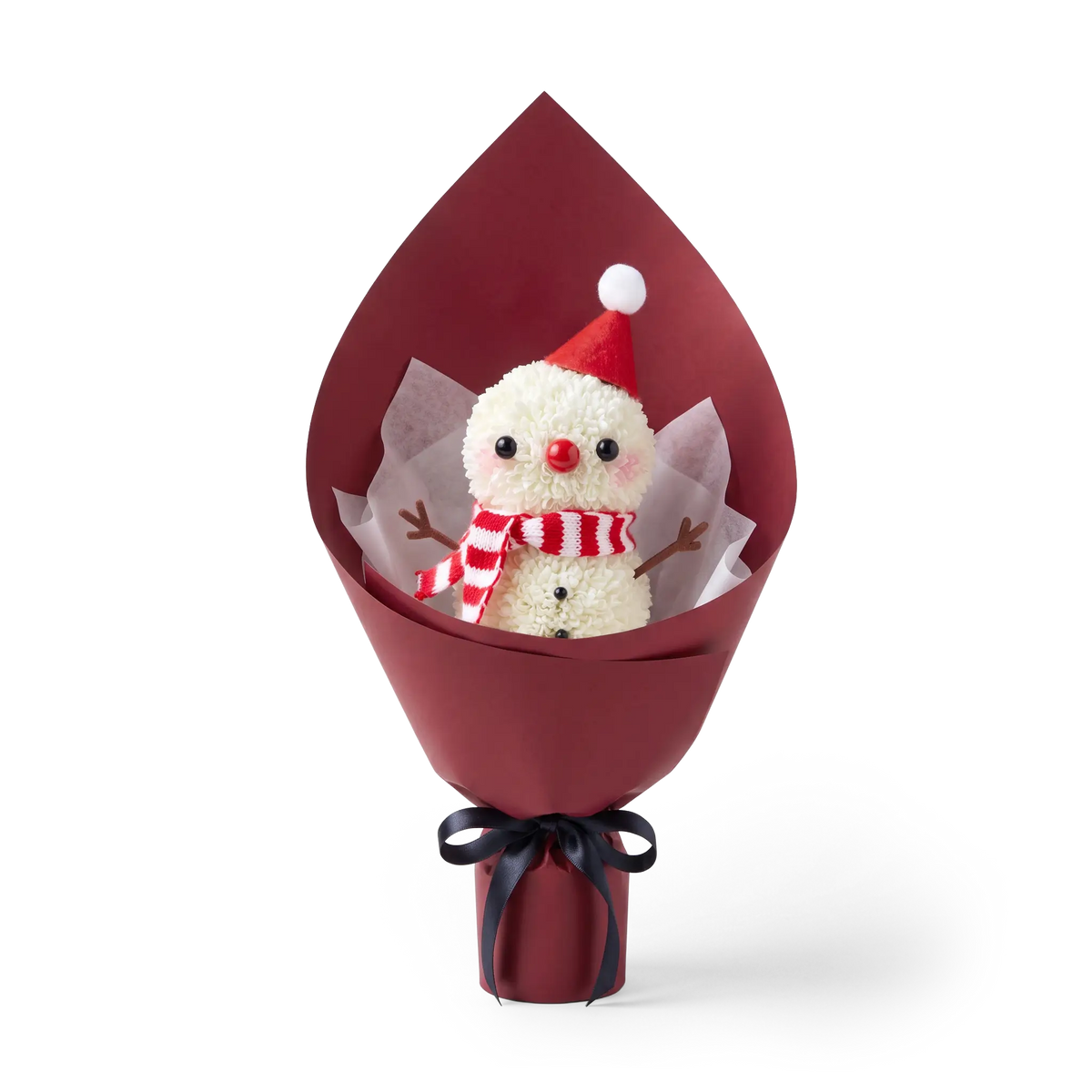 Winter Snowman Pompon Bouquet made of fresh white pompon chrysanthemums. This Christmas floral arrangement features a snowman with a red hat and striped scarf, wrapped in burgundy paper.
