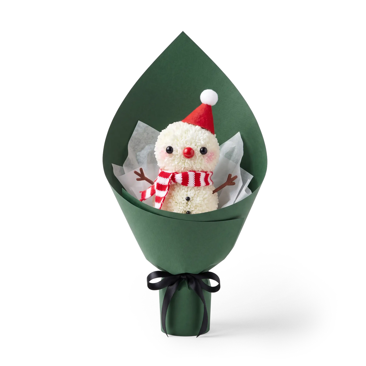 Winter Snowman Pompon Bouquet made of fresh white pompon chrysanthemums. This Christmas floral arrangement features a snowman with a red hat and striped scarf, wrapped in dark green paper.