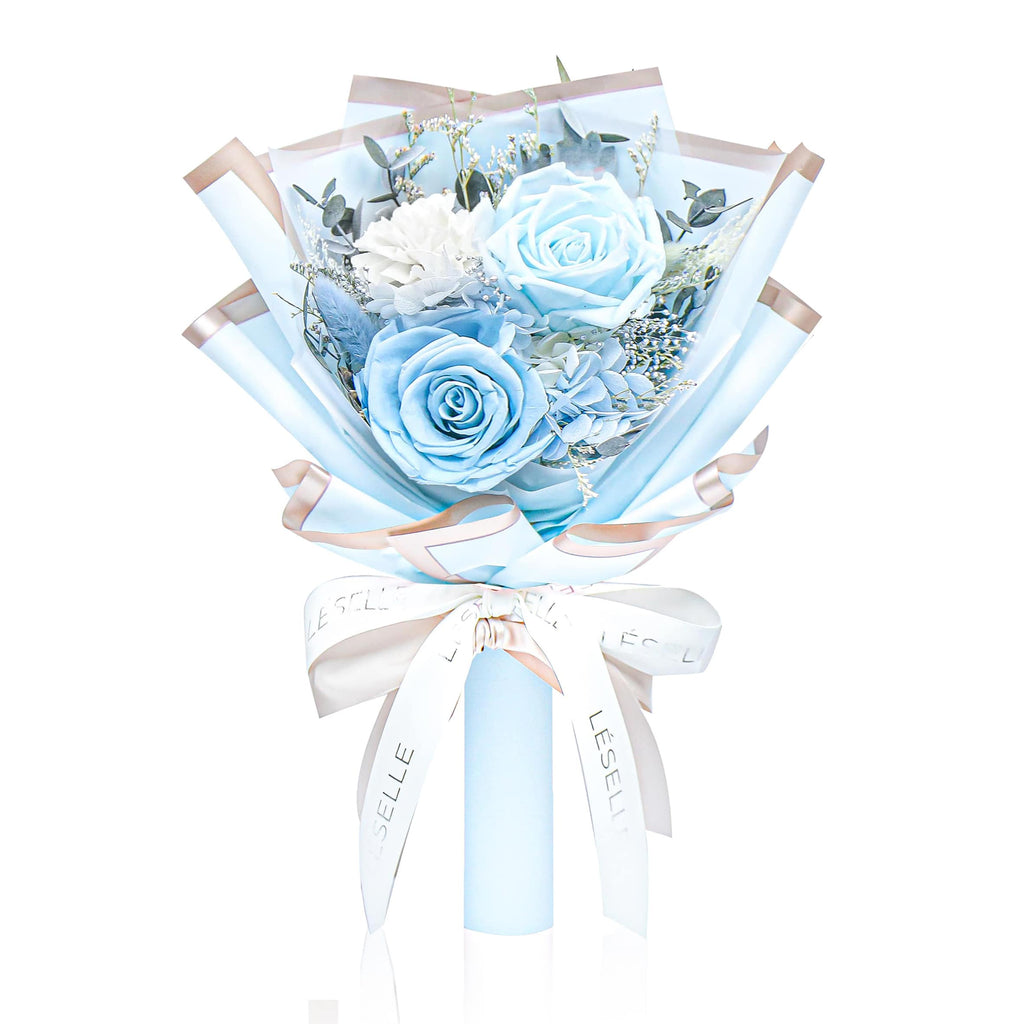 Mini Preserved Rose Bouquet - Baby Blue & White