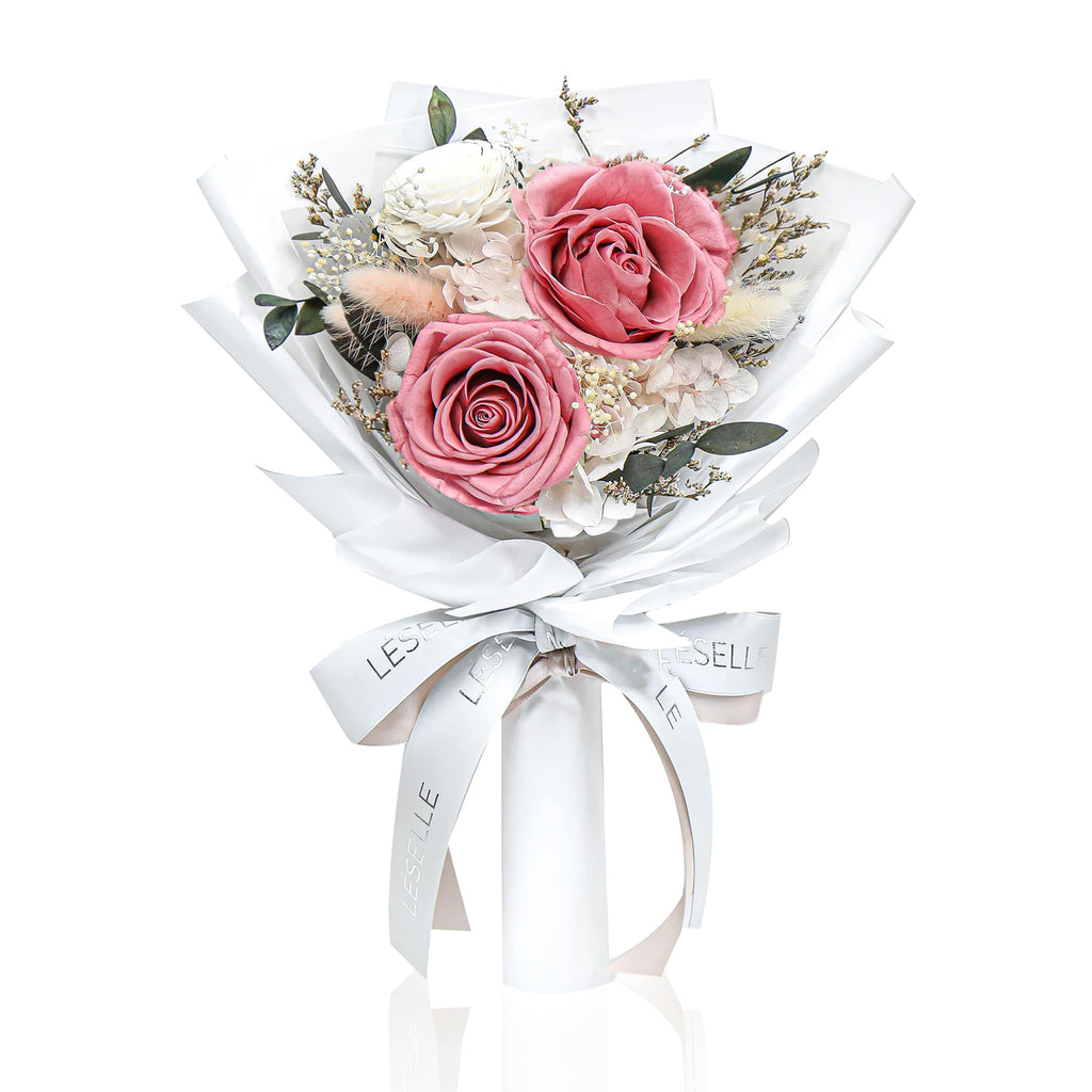 Mini Preserved Rose Bouquet - Light Maroon & White