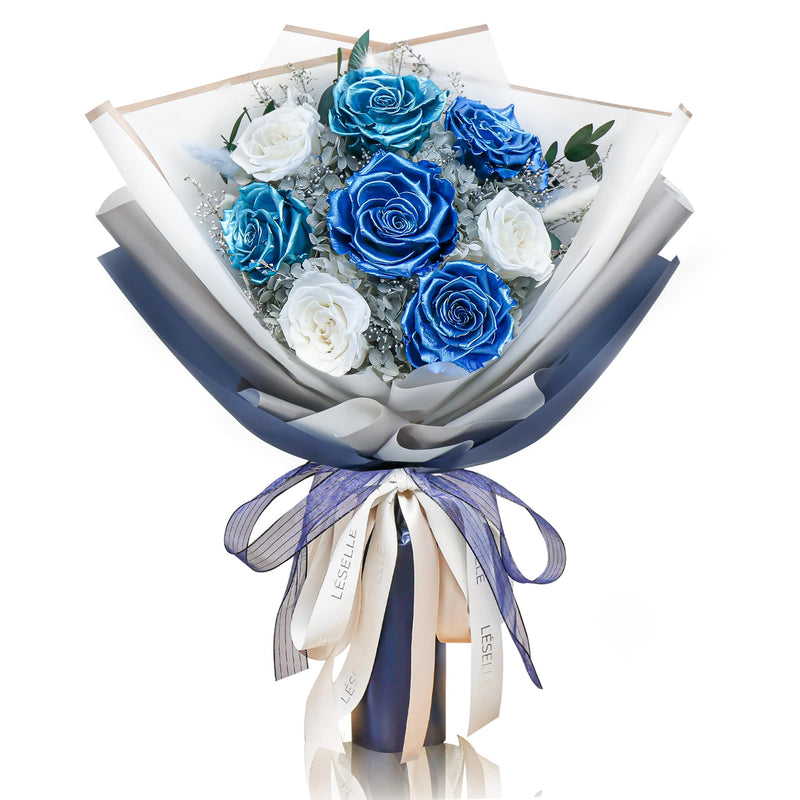 Preserved Flower Bouquet - Metallic Blue & White Roses