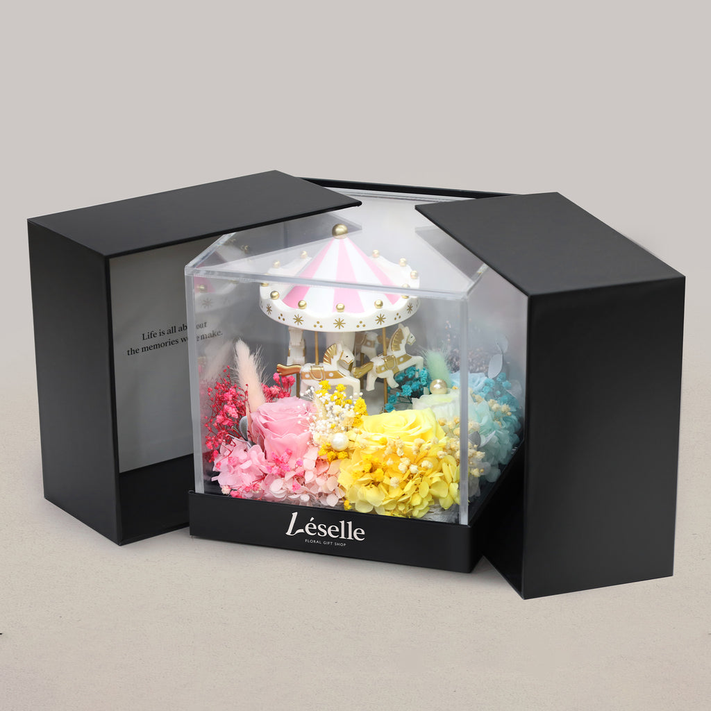 The Rainbow Carousel Music Garden - Yellow, Blue & Pink Preserved Roses